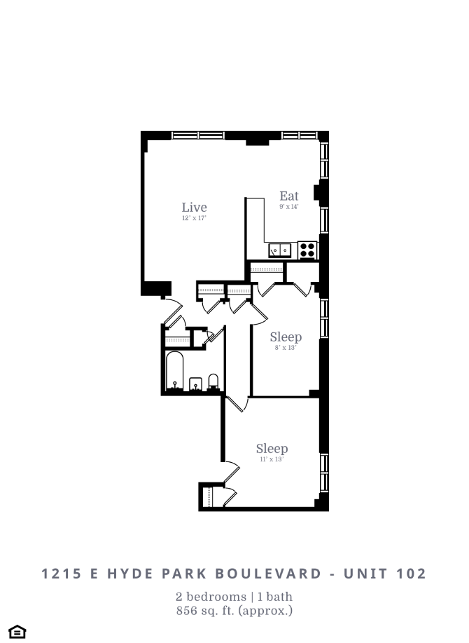 Floor plan for 2 beds, 1 bath, 1200 sqft